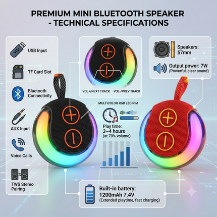 Portable Bluetooth Speaker with 7W HD Sound, USB TF AUX Playback, TWS Pairing & Hands-Free Calling