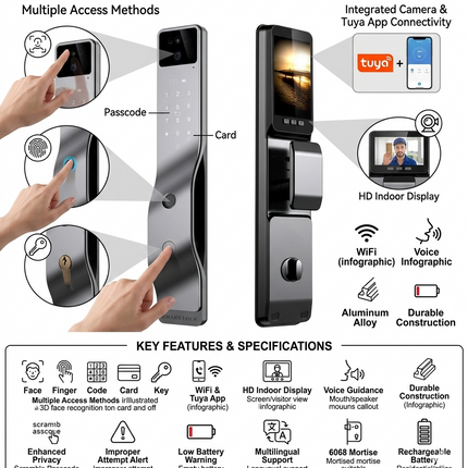 WiFi Smart Door Lock with 3D Face Recognition Camera Fingerprint Access and Tuya App Control
