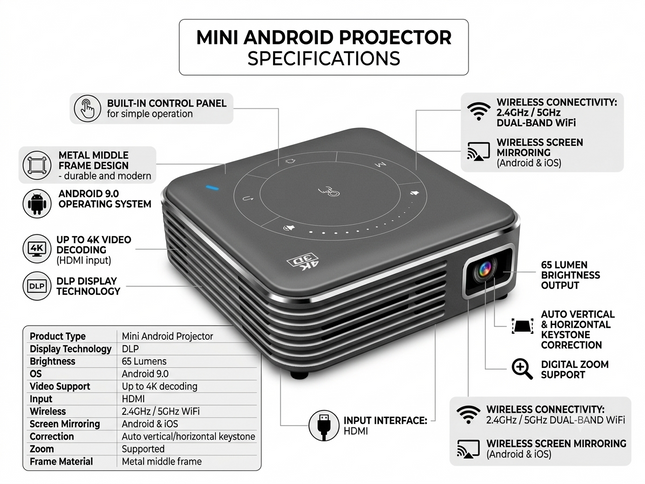 Portable DLP Android Projector with WiFi, Bluetooth, Auto Keystone Correction and HDMI Input