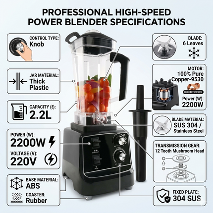 Professional Countertop Blender 2.2L with 2200W Copper Motor and Pulse Control