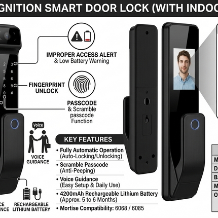 Tuya Smart Door Lock with 3D Face Recognition Indoor Display and Multiple Unlock Methods