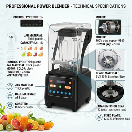 High-Power 2200W Kitchen Blender with 1.8L Jug, Stainless Steel Blades and Button Control