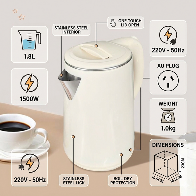 1.8L Portable Electric Kettle 1500W Rapid Heating Cordless Design