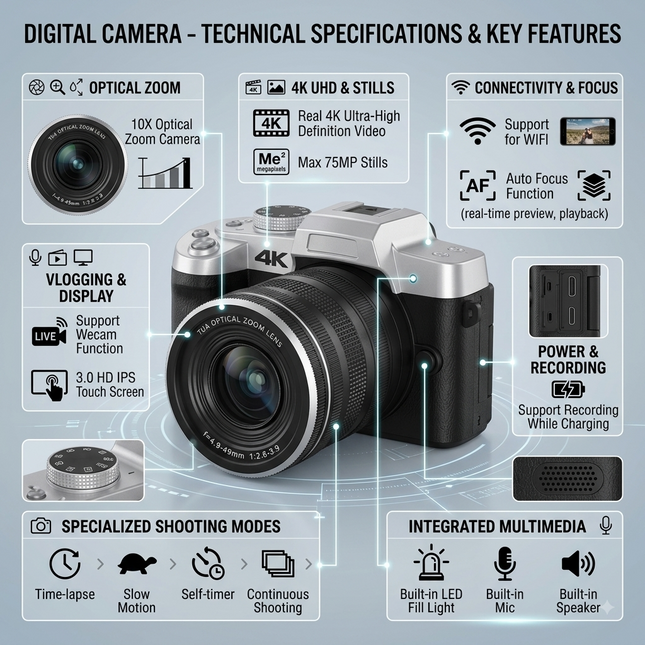 4K Digital Camera with 10X Optical Zoom, 75MP, WiFi, Touch Screen & LED Fill Light