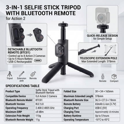 Portable Extension Pole Tripod with Detachable Bluetooth Remote for Action Camera