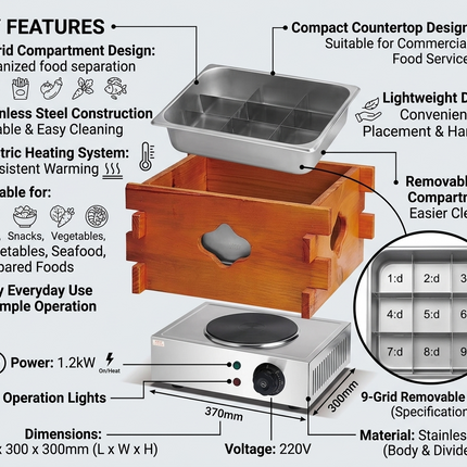 Commercial Electric Oden Cooker 9 Compartment Stainless Steel Food Heating Machine 1.2kW