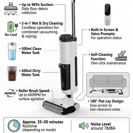 Rechargeable Cordless Floor Cleaning Machine 2-Speed 9KPa Suction Wet Dry Vacuum for Hard Floors