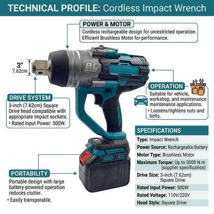 Rechargeable Cordless Impact Wrench with Brushless Motor and Square Drive