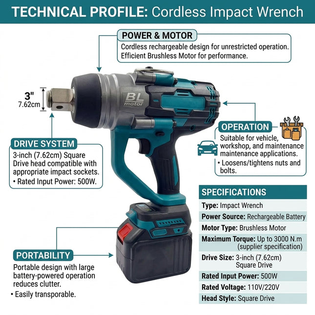 Rechargeable Cordless Impact Wrench with Brushless Motor and Square Drive