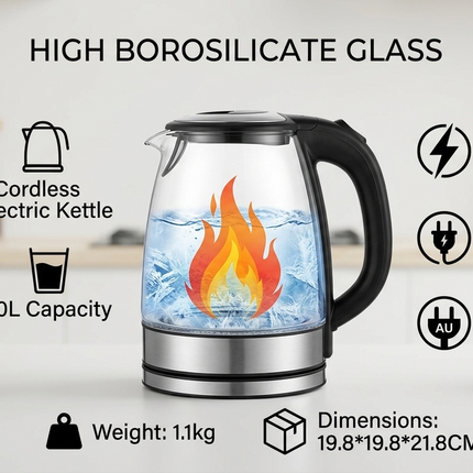 Portable 2.0L Cordless Electric Kettle 1500W Fast Heating, 220V, Black Water Boiler