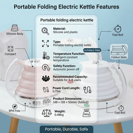 Portable Foldable Silicone Electric Travel Kettle with Constant Temperature & Auto Shut-Off
