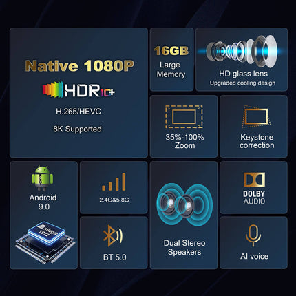 Portable 1080P Projector with Android 9, 300 ANSI Lumens, 8K Support & Auto Focus