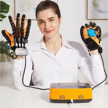 Portable Electric Hand Relaxation Gloves Dual Hand Finger Recovery support Trainer Adjustable Intensity Orange