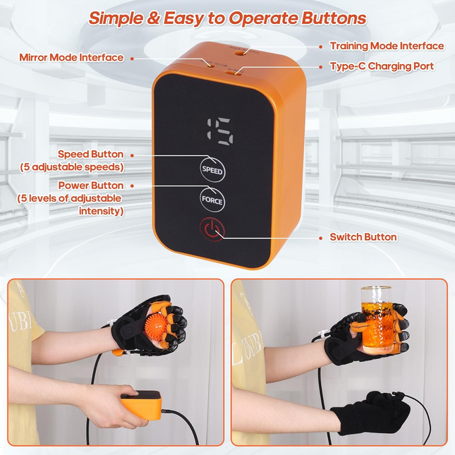 Robotic Hand Relaxation Recovery support Glove for Finger Exercise & Physiorelaxation – Adjustable, Cordless Design