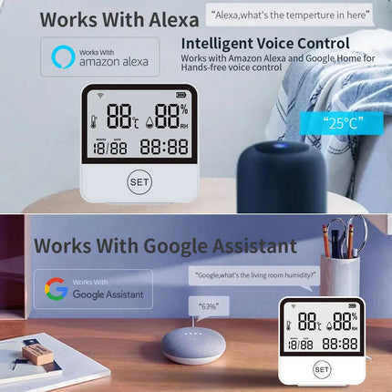 WiFi Indoor Temperature and Humidity Monitor with Tuya App Notifications and Clock Display