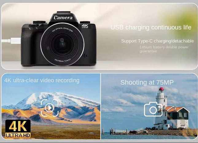 4K Digital Camera with 20X Optical Zoom, 75MP Recording & 4.0" Touch Screen