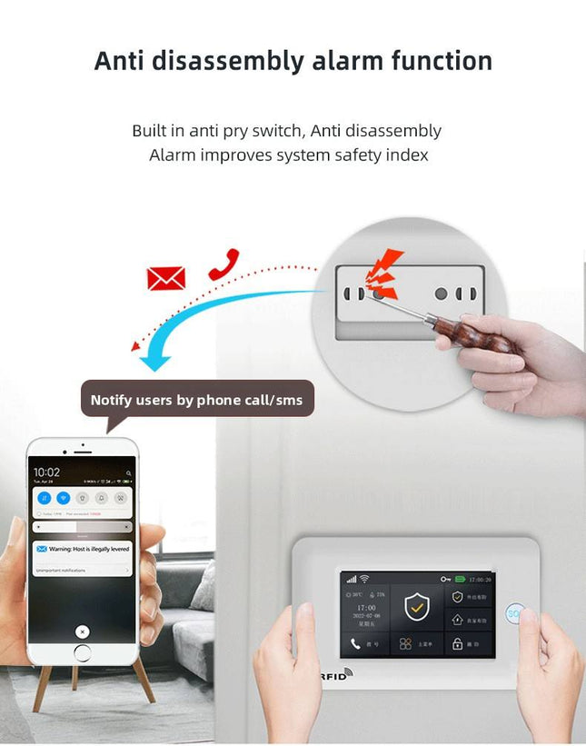 Wireless 4G WiFi Home Security Alarm System with IPS Touch Display, RFID & Remote Controls