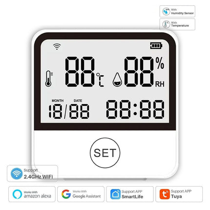WiFi Indoor Temperature and Humidity Monitor with Tuya App Notifications and Clock Display