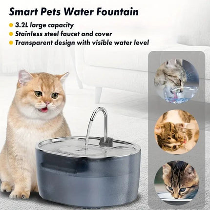 3.2L Stainless Steel Pet Water Fountain with Automatic Water Circulation and Silent Pump