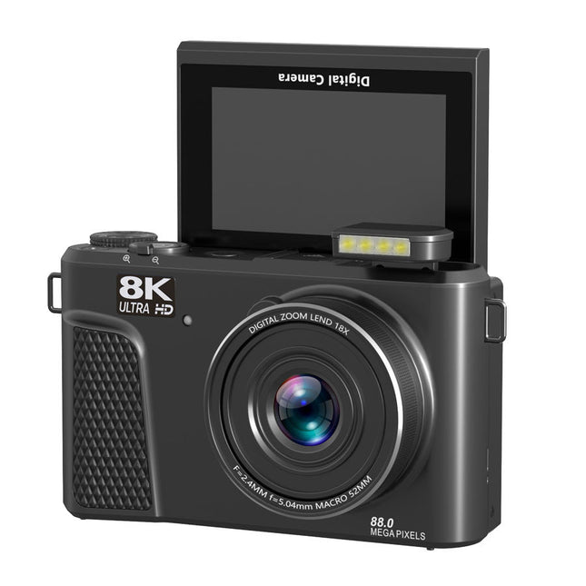 8K Digital Camera with 80MP Photos, 18X Digital Zoom, Flip Screen and LED Light