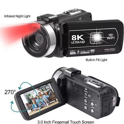8K UHD Video Camera with 48MP Photos, 3-Inch Touch Screen and WiFi
