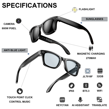 AI Smart Camera Glasses with 8MP HD Camera, Bluetooth Audio, IP65 Waterproof & Photo Transfer
