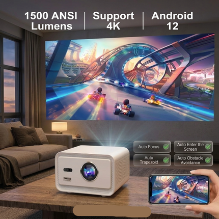 Portable Android 12 Smart Projector with Auto Focus, 1500 ANSI Brightness, Full HD 1080P