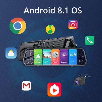 10 Inch Android Touchscreen Dash Camera with Dual Cameras, Wi-Fi, Bluetooth & 32GB Storage