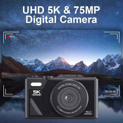 5K Digital Camera with WiFi, 75MP UHD Video Recording, 3.0" Screen & Time-Lapse