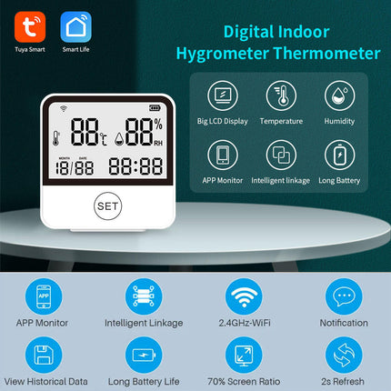 WiFi Indoor Temperature and Humidity Monitor with Tuya App Notifications and Clock Display