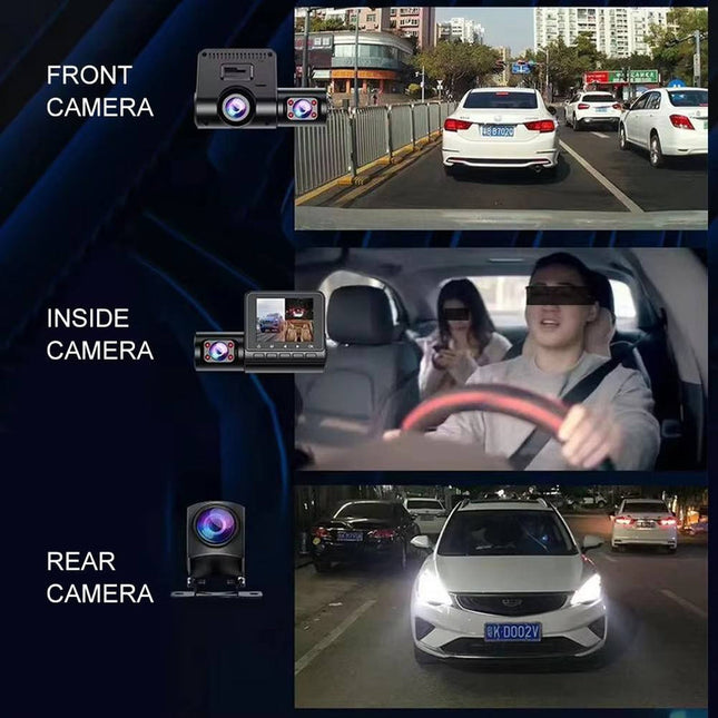 Compact Triple-Lens Dash Camera with Loop Recording & Wide-Angle Coverage