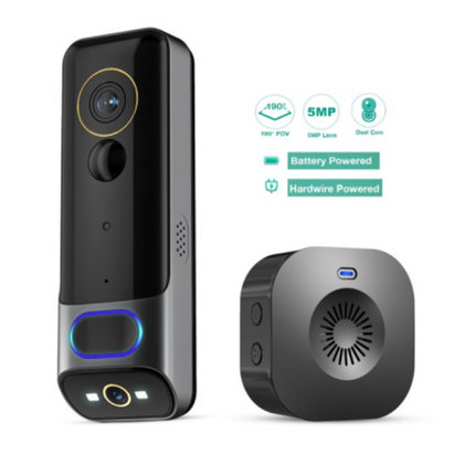 5MP Dual Lens 2K IP65 Wireless Video Doorbell with PIR Motion Detection, Two-Way Audio & Micro SD Storage