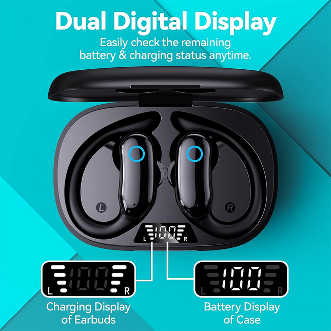 Portable Wireless Sports Earbuds with Clip-On Ear-Hooks, 48H Battery, ENC Calls & IPX7 Waterproof
