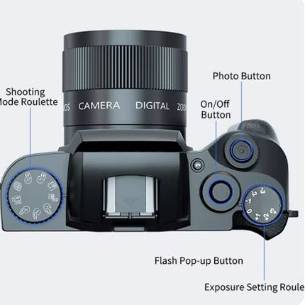 4K 64MP Digital Camera with Dual Front & Rear Cameras, 4 Inch HD Touchscreen, WiFi, 3000mAh Battery