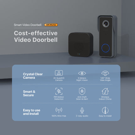 Rechargeable IP65 Video Doorbell Camera with Two-Way Audio, Instant App Notifications & Night Vision
