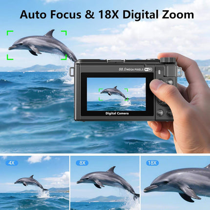 8K Digital Camera with 80MP Photos, 18X Digital Zoom, Flip Screen and LED Light