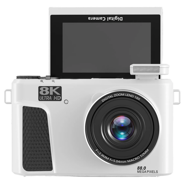8K Digital Camera with 80MP Photos, 18X Digital Zoom, Flip Screen and LED Light