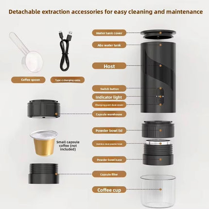 Portable USB Rechargeable Espresso Coffee Maker with 15 Bar Pressure for Capsules & Ground Coffee