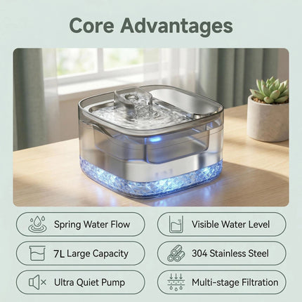 7L Automatic Pet Water Fountain with Silent Adjustable Pump and Multi-Stage Filtration