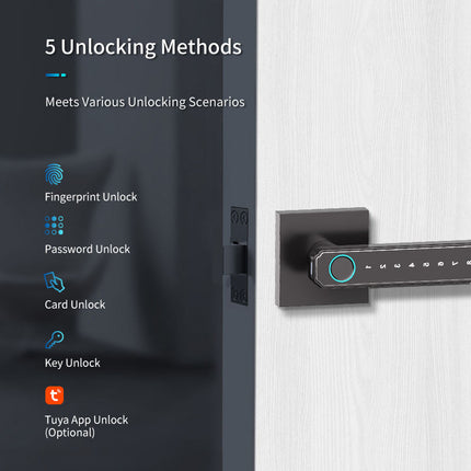 5-in-1 Smart Door Handle Lock with Fingerprint Sensor, Passcode, Card & Key, Reversible Handle