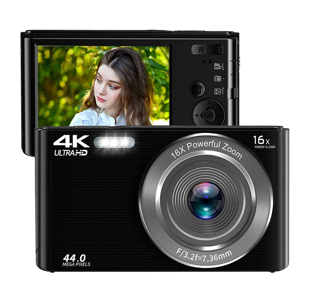 44MP 4K Digital Camera with Auto Focus, 16x Digital Zoom, 2.8 Inch Screen & LED Fill Light