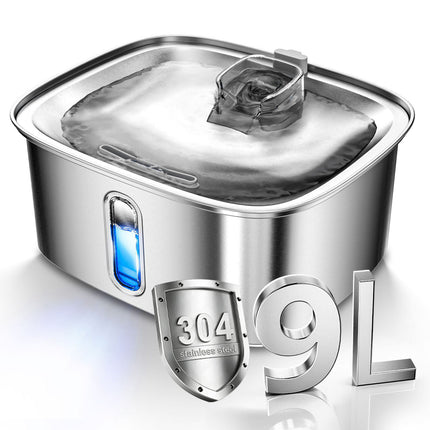 9L Stainless Steel Pet Water Fountain with Automatic Cycle & Silent Adjustable Pump
