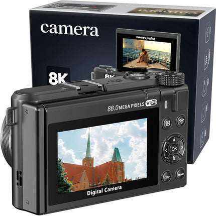 8K Digital Camera with 80MP Photos, 18X Digital Zoom, Flip Screen and LED Light