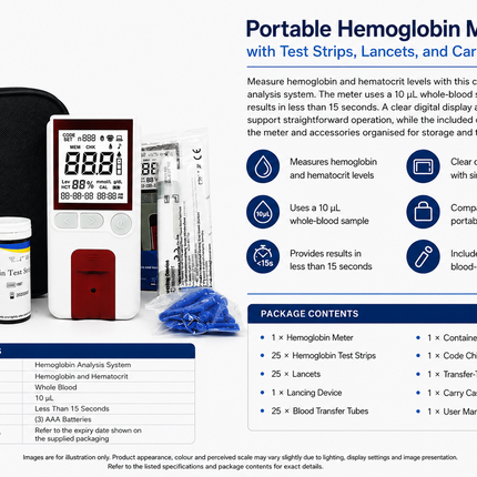 Portable Hemoglobin Monitor Kit with Test Strips, Lancets, and Carry Case