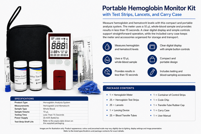 Portable Hemoglobin Monitor Kit with Test Strips, Lancets, and Carry Case