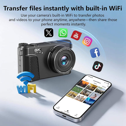 8K Digital Camera with 80MP Photos, 18X Digital Zoom, Flip Screen and LED Light