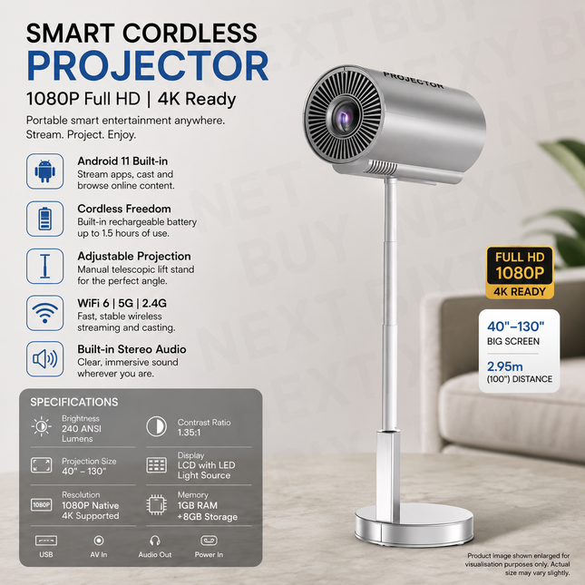 Smart Cordless Projector 1080P 4K Ready with Android 11 WiFi and Telescopic Lift Stand