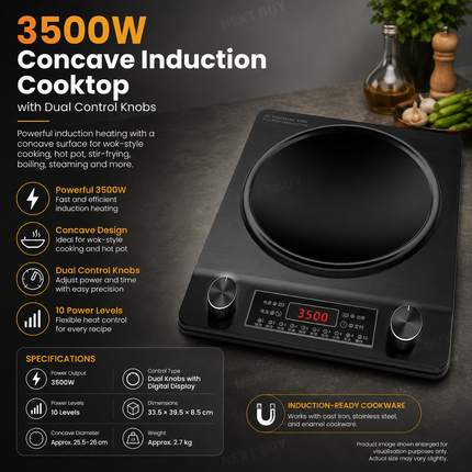 3500W Concave Induction Cooktop with Dual Control Knobs Black
