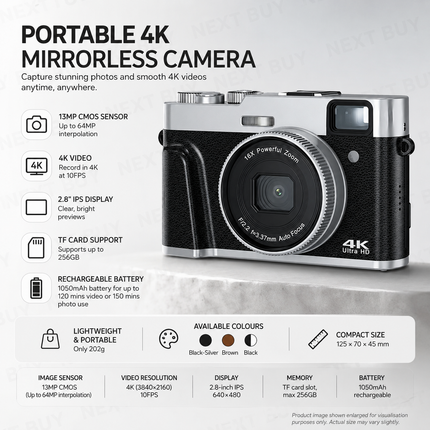 Portable 4K Mirrorless Camera with 13MP Sensor, 2.8" IPS Display, and Rechargeable Battery