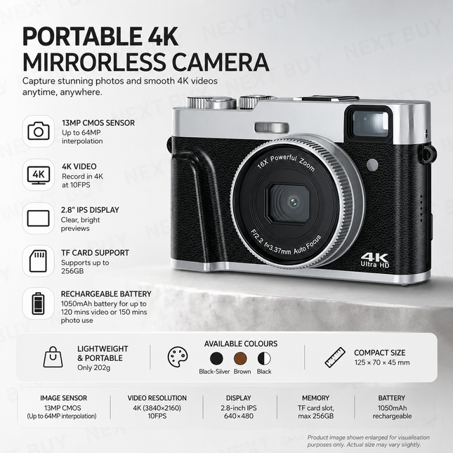Portable 4K Mirrorless Camera with 13MP Sensor, 2.8" IPS Display, and Rechargeable Battery
